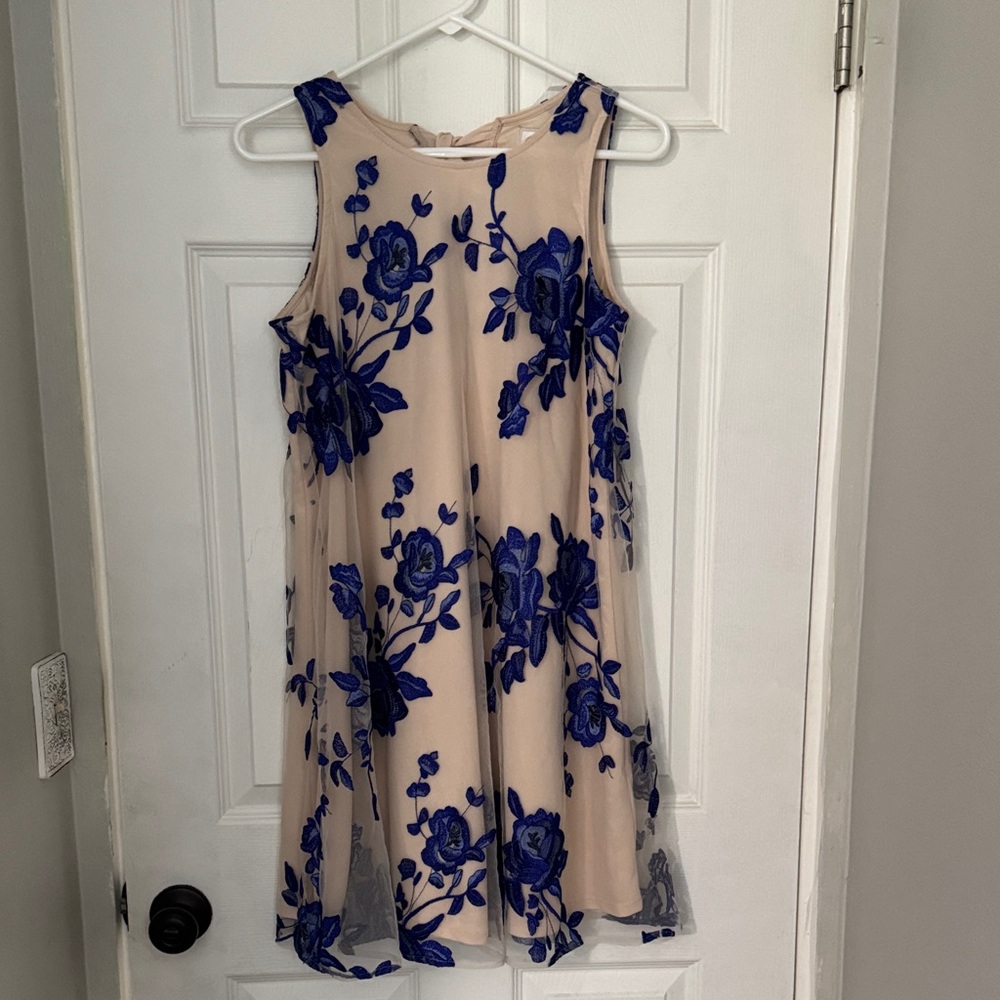 Beige by eco Floral Sleeveless Dress with Blue Embroidery